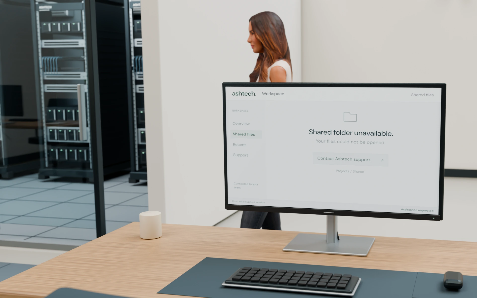 Illustrative 3D workplace monitor showing a shared-folder issue beside a server room