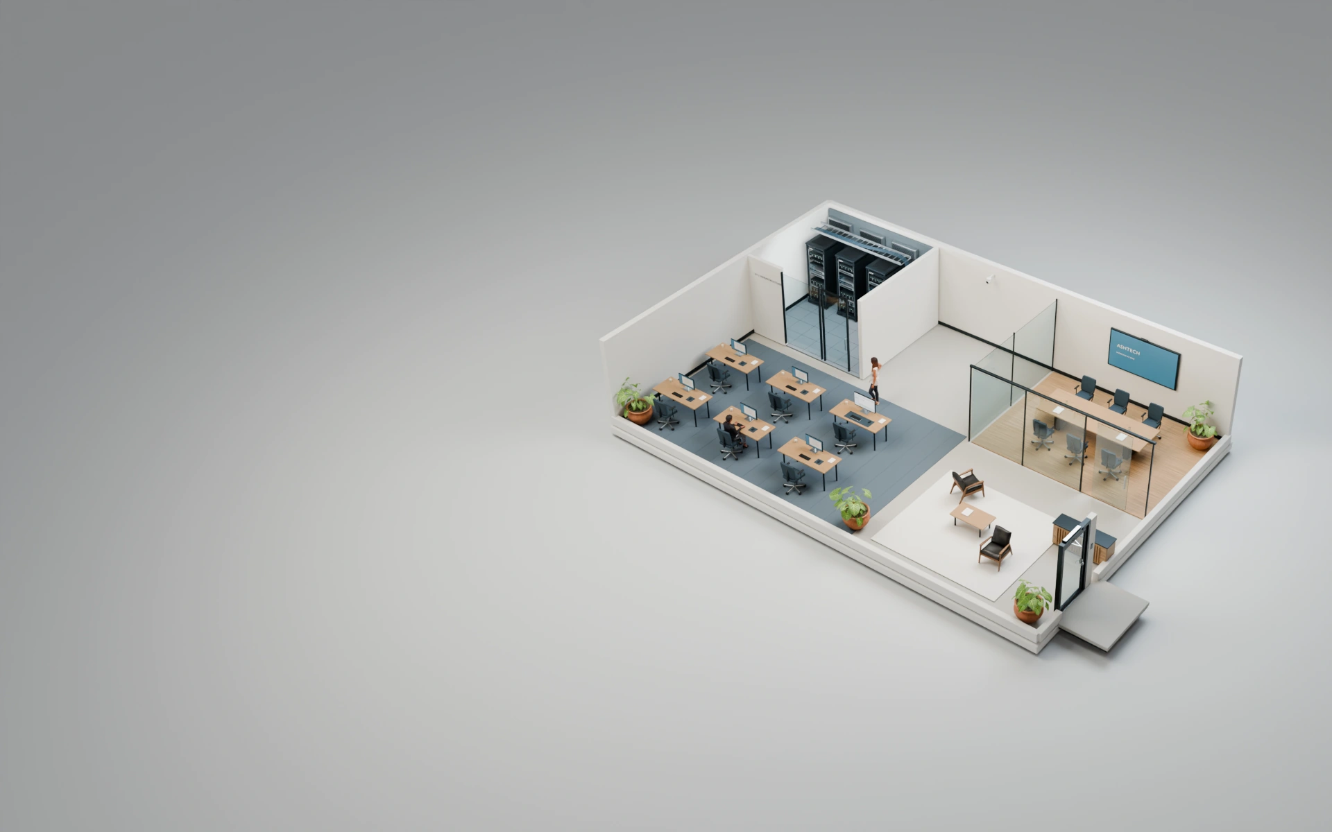 Illustrative 3D workplace with workstations, a meeting room and server room