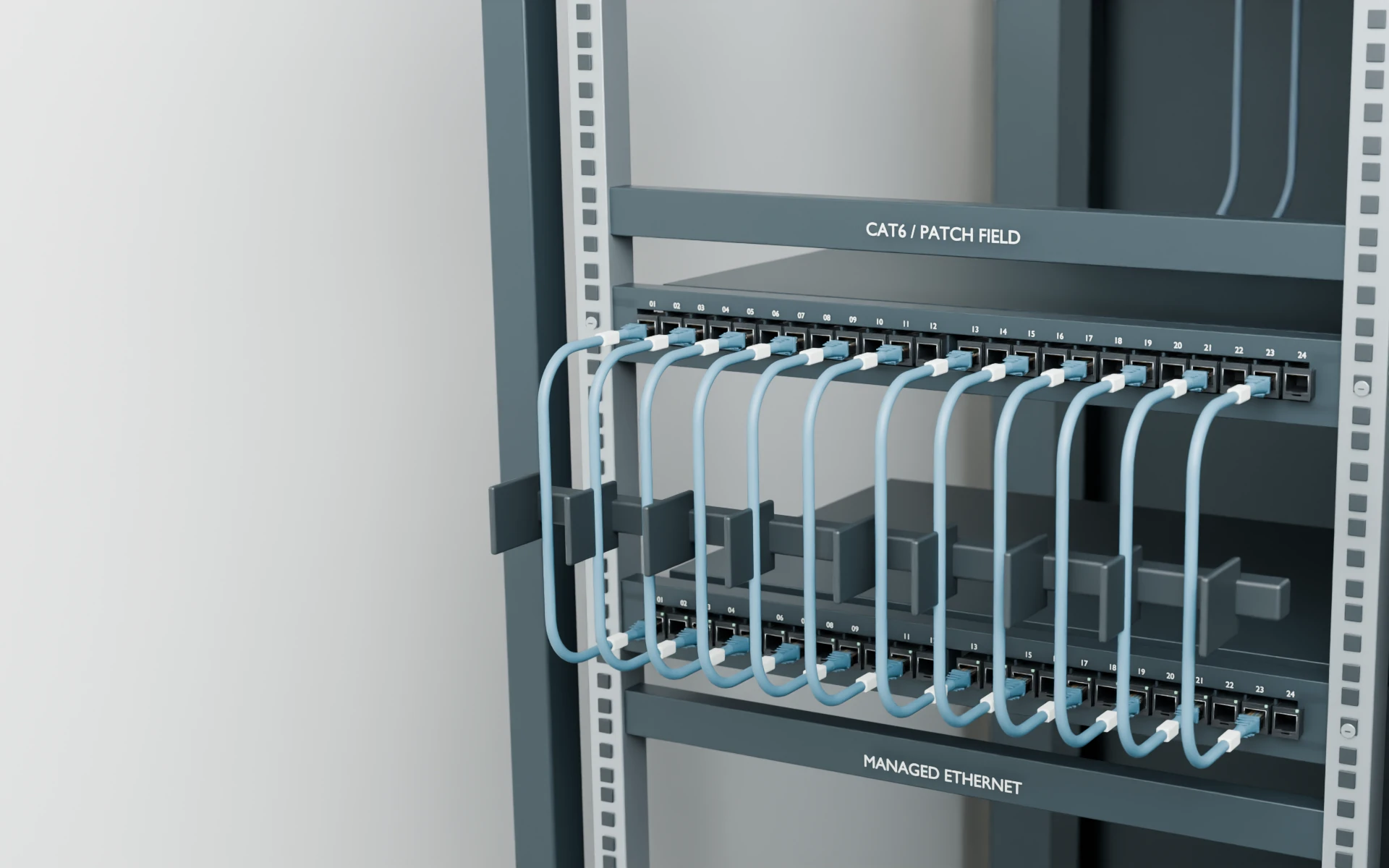 Illustrative 3D render of labeled patch-panel ports and organized network cables in a rack